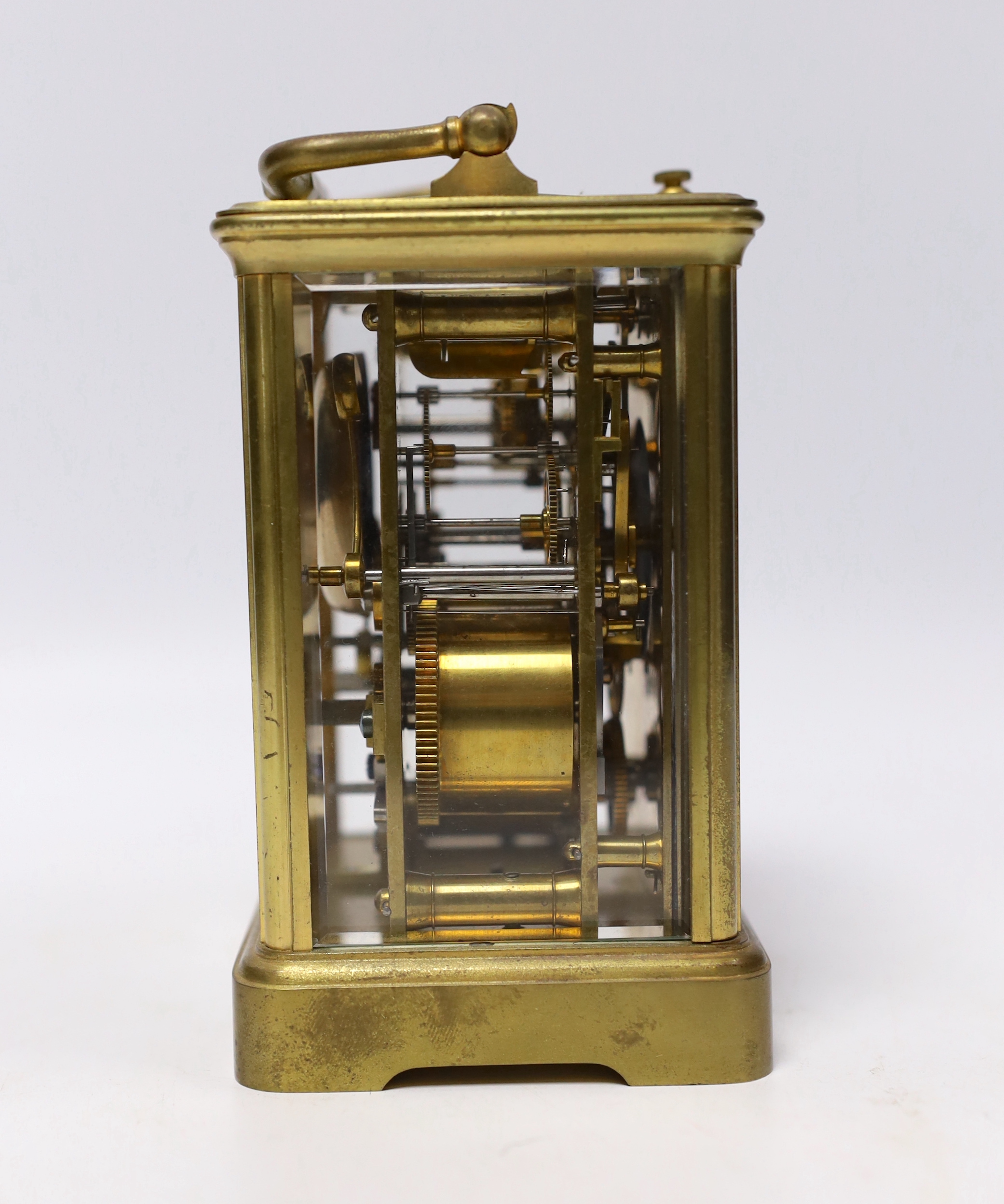 A late 19th century French brass repeating carriage clock, with alarm, 14.5cm high (handle down)